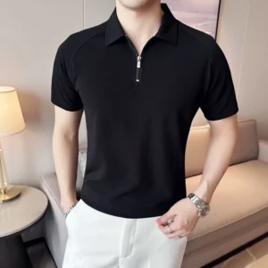 Short Sleeve Knit Zipper T-Shirt - L-170cm
