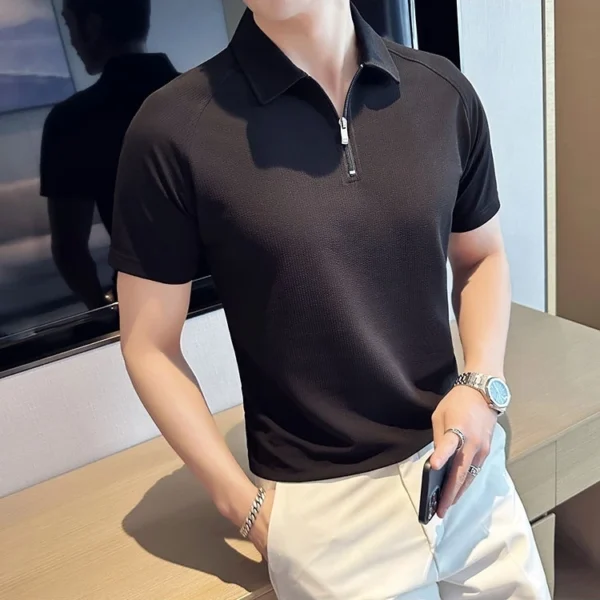 Short Sleeve Knit Zipper T-Shirt - L-170cm