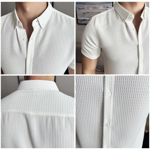Short Sleeve Waffle Knit White Shirt - S-160cm