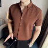 Short Sleeve Waffle Knit Brown Shirt - XS-155cm