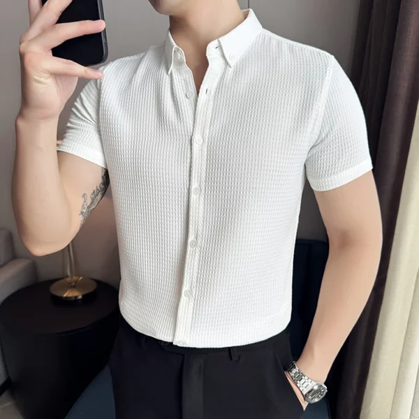Short Sleeve Waffle Knit White Shirt - S-160cm