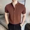 Short Sleeve Waffle Knit Brown Shirt - XS-155cm