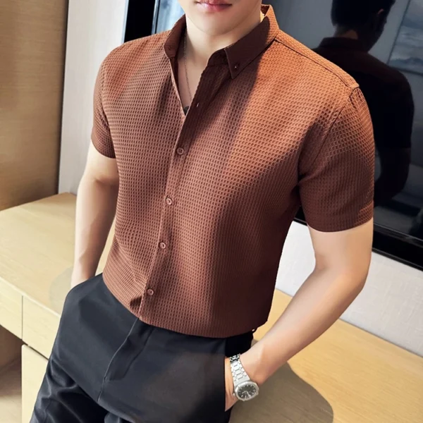 Short Sleeve Waffle Knit Brown Shirt - XS-155cm