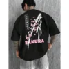 Casual Sword Cherry Blossom Graphic Print T-Shirt - XS-155cm