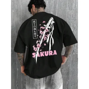 Casual Sword Cherry Blossom Graphic Print T-Shirt - XS-155cm