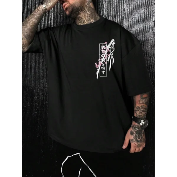 Casual Sword Cherry Blossom Graphic Print T-Shirt - XS-155cm